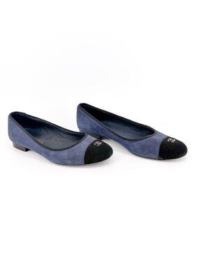 Chanel CC Cap Toe Ballet Flats Blue Suede Size 38.5 US 7.5-8 Two Tone Logo
